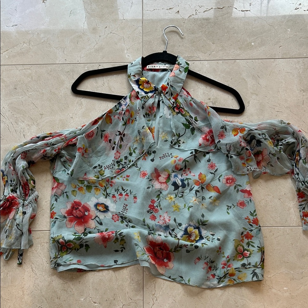 alice + olivia Floral Chiffon Button-Up Blouse in Light Blue - Picture 2 of 4